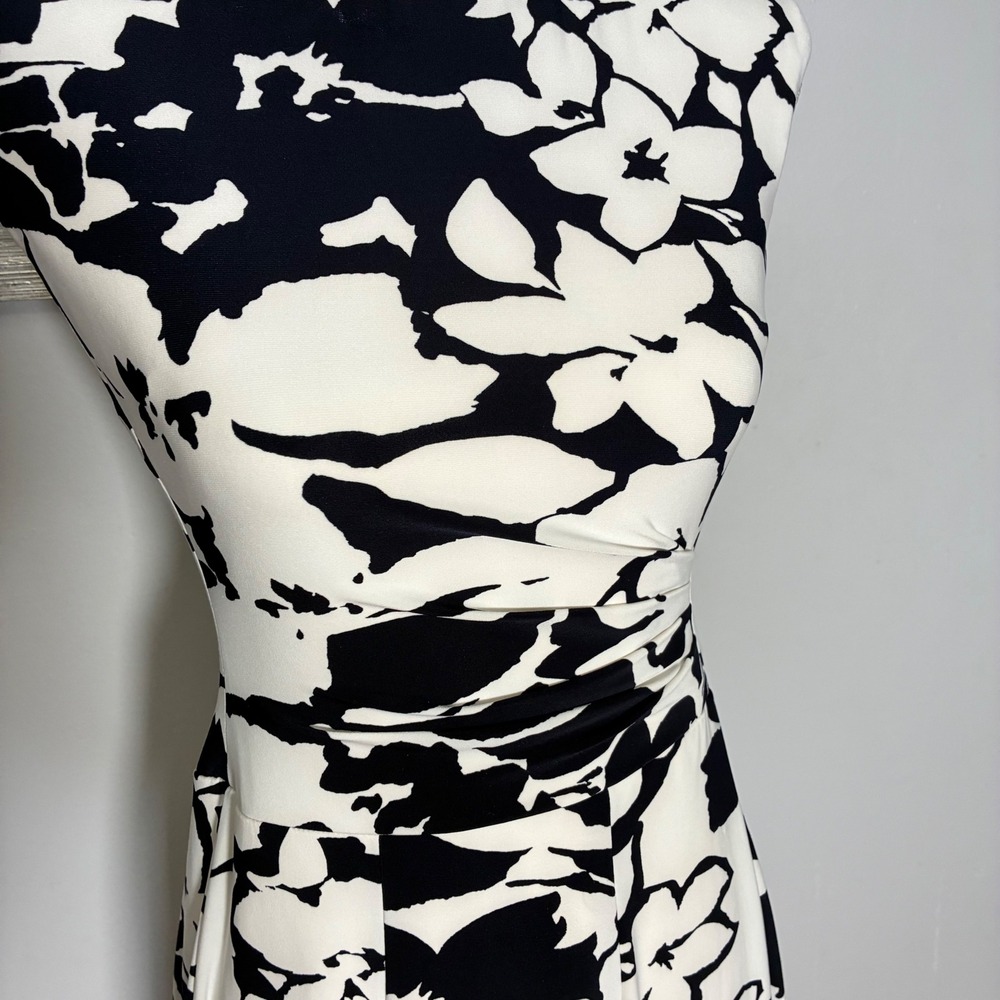 Lauren Ralph Lauren Floral Dress Womens 0P‎ Black White Ruched Petite Career View 3